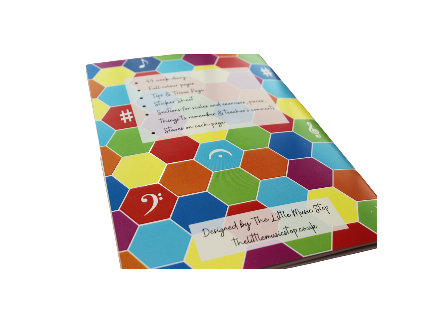 back of the practice diary with the same hexagonal deisgn