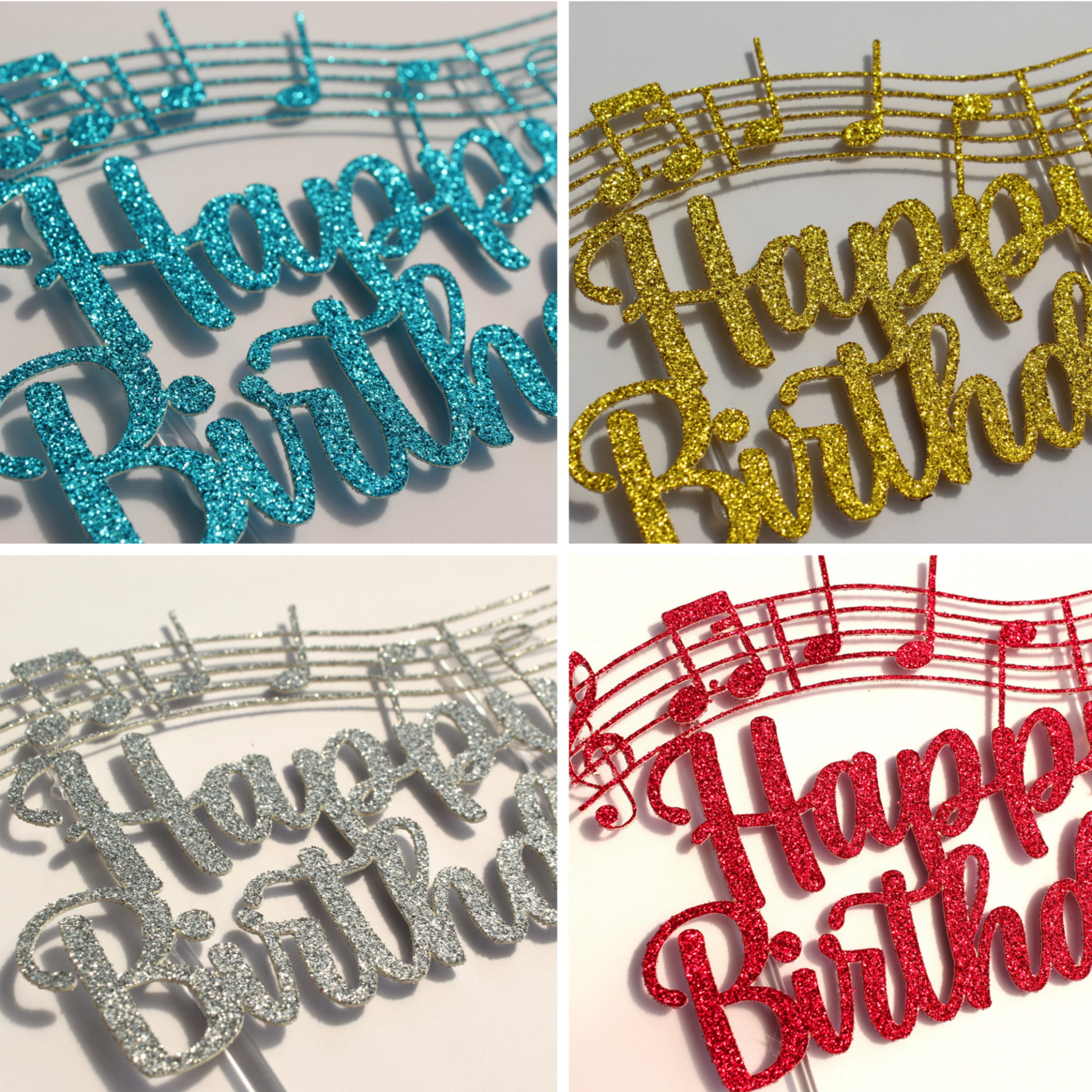 Picture of all 4 colours available of the cake topper; blue, silver, gold and red.