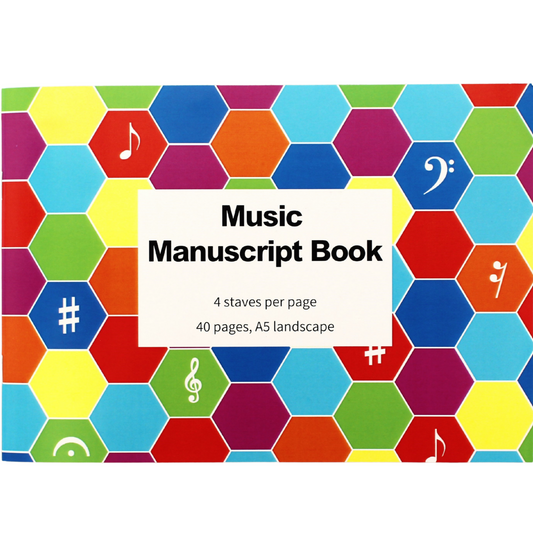 A5 Music manuscript booklet with a colourful cover, featuring a multicoloured hexagonal design with musical symbols.