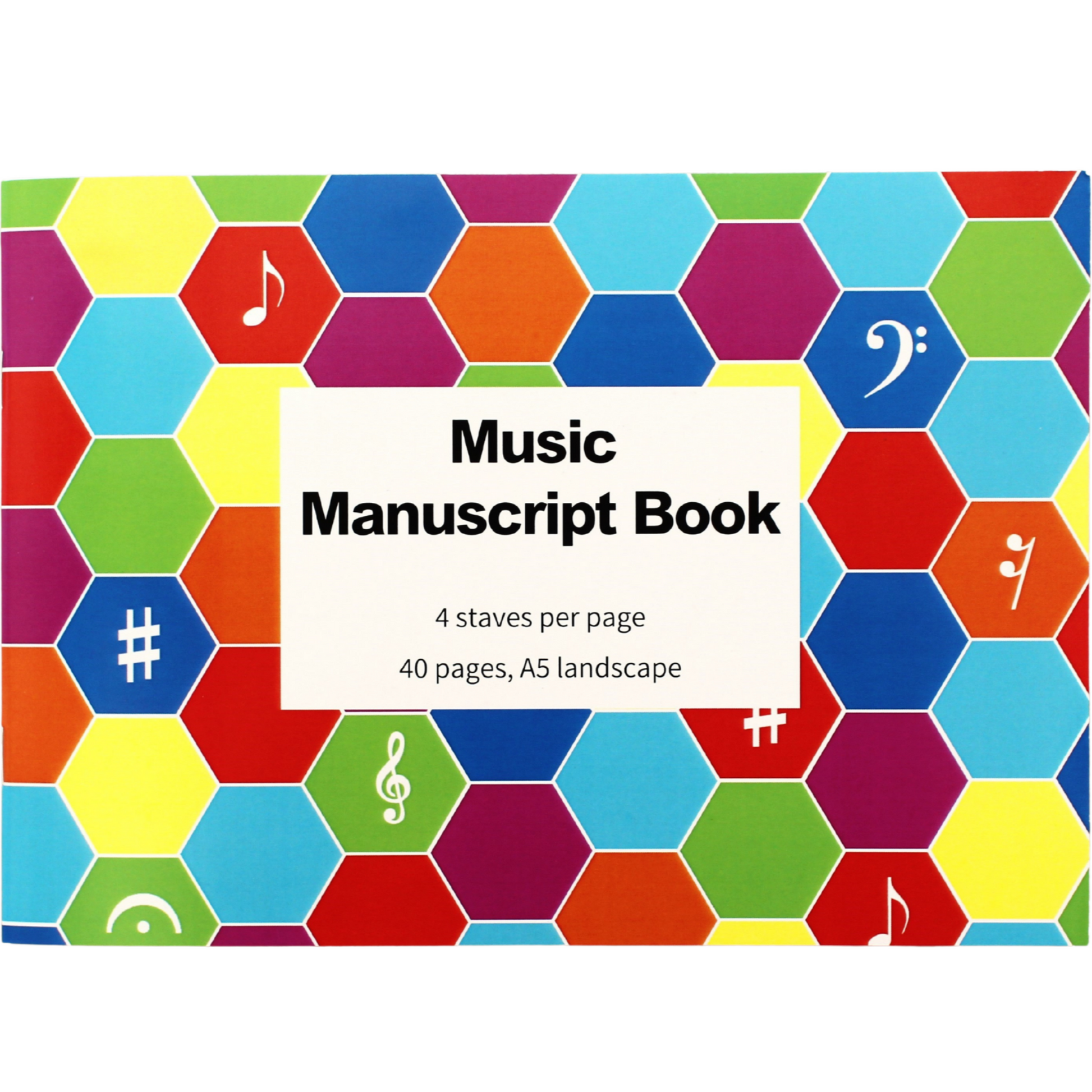 A5 Music manuscript book with a colourful cover, featuring a multicoloured hexagonal design with musical symbols.