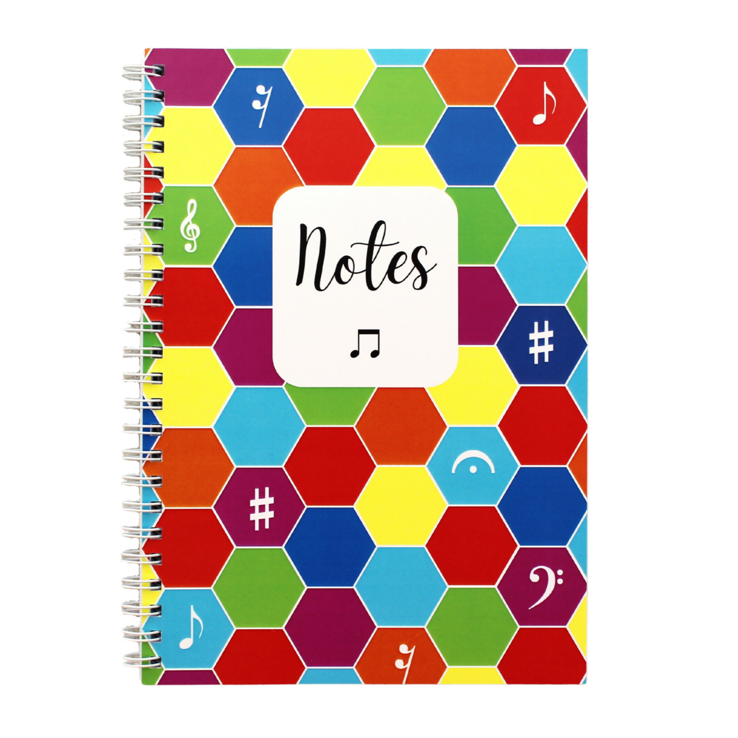 Ring bound music notebook with a colourful cover. Cover features a multicoloured hexagonal design with musical symbols.
