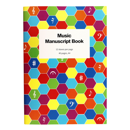 Music manuscript book with a colourful cover, featuring a multicoloured hexagonal design with musical symbols.