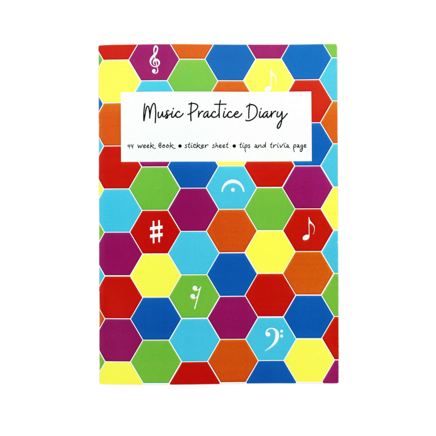 Music practice diary with a colourful cover, featuring a multicoloured hexagonal design with musical symbols.