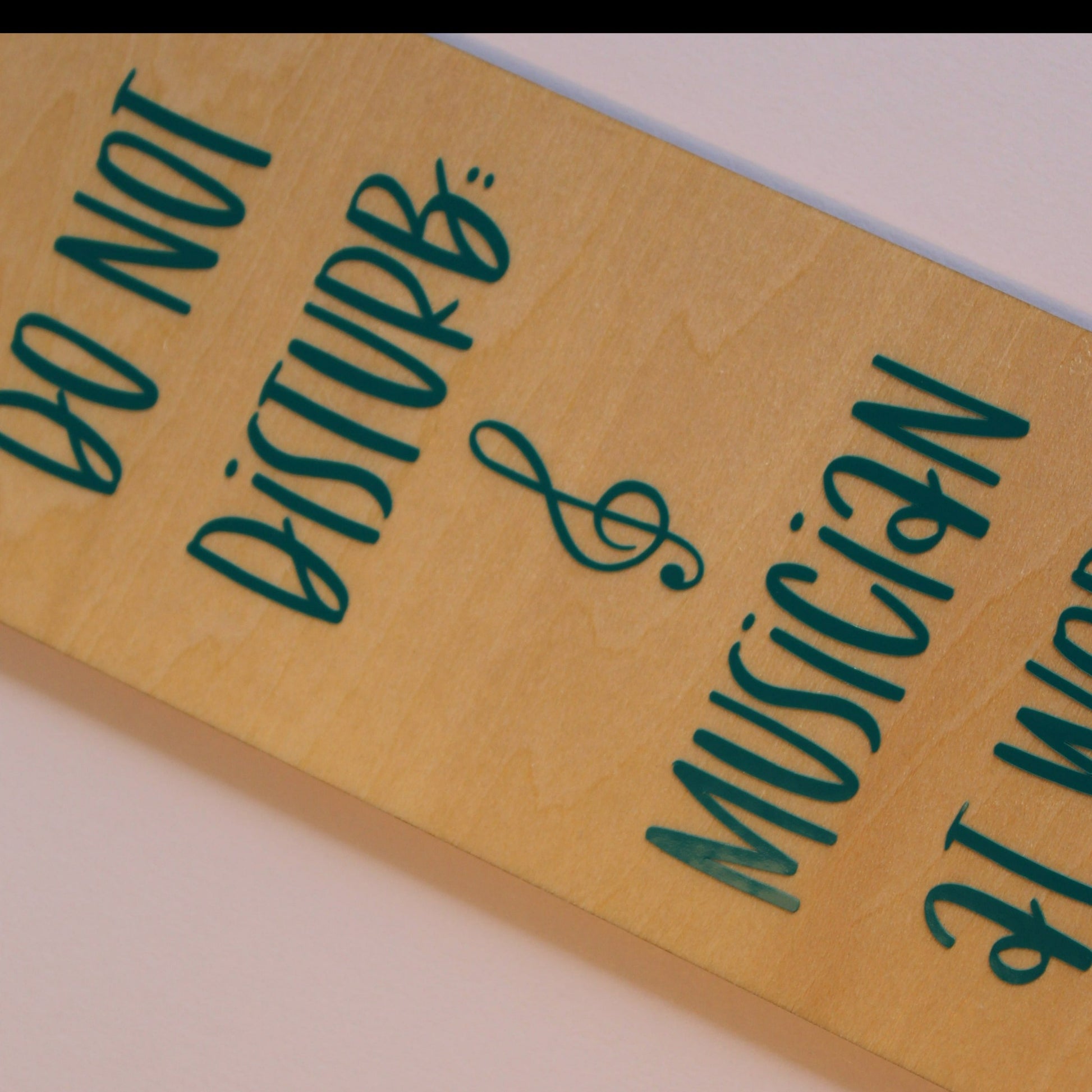 Close up of the teal text on the door hanger.