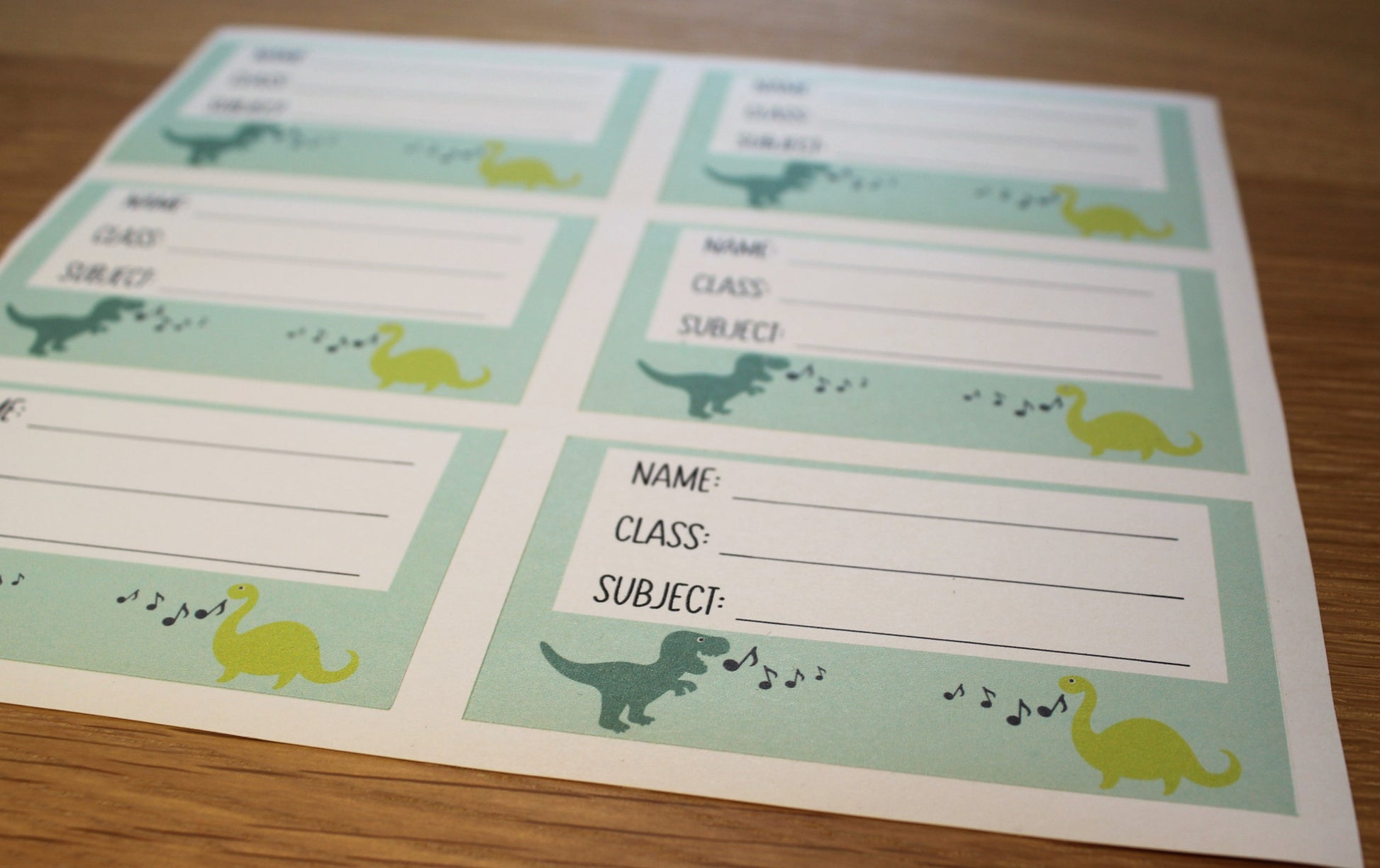 A sheet of 6 book labels with spaces to write name, class and subject. Picture of 2 dinosaurs with music notes.