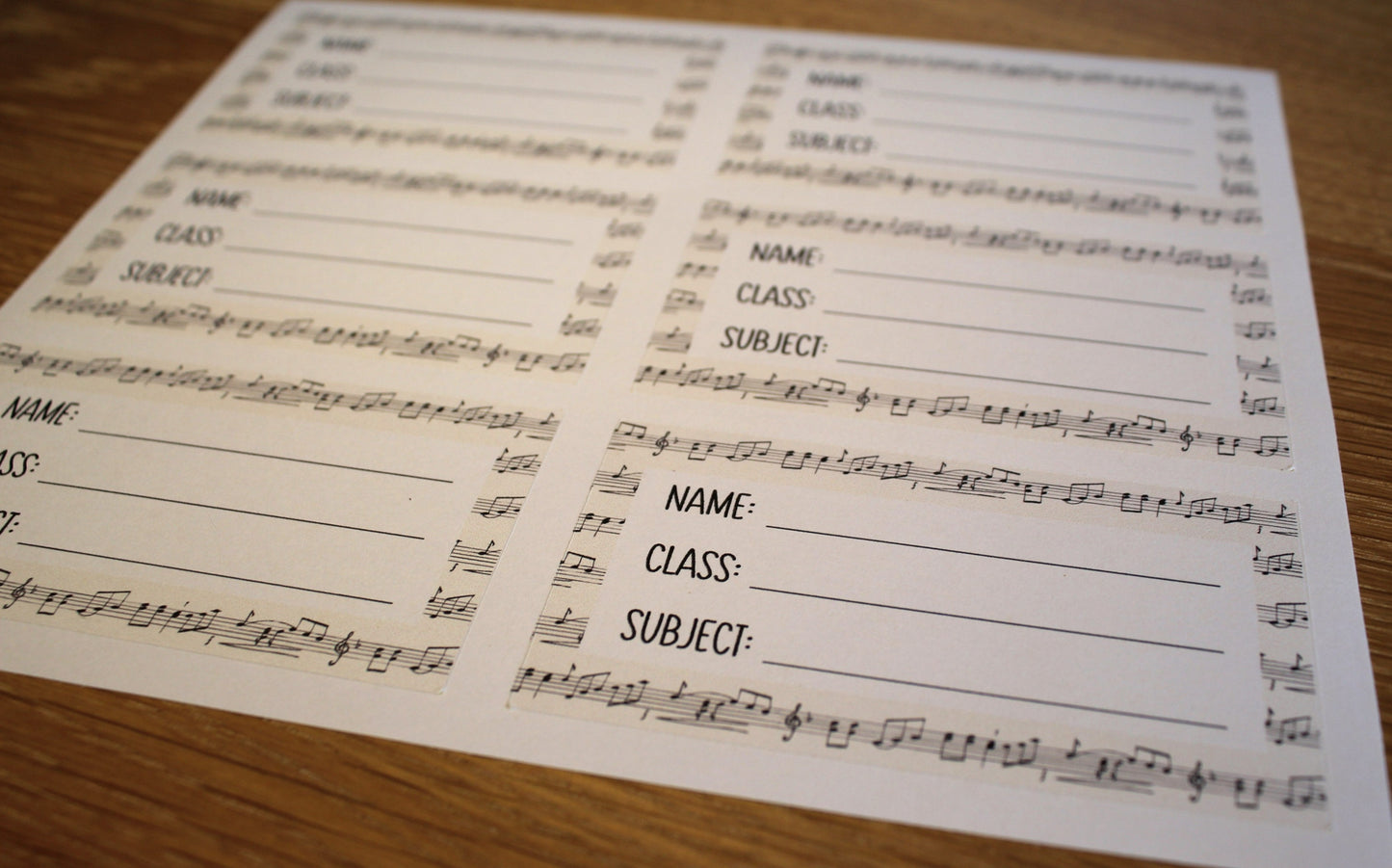 A sheet of 6 book labels with spaces to write name, class and subject. Border of music notes.