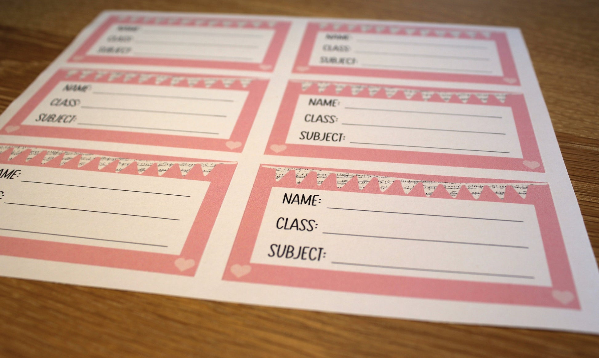 A sheet of 6 book labels with spaces to write name, class and subject. Pink design with music bunting and hearts.
