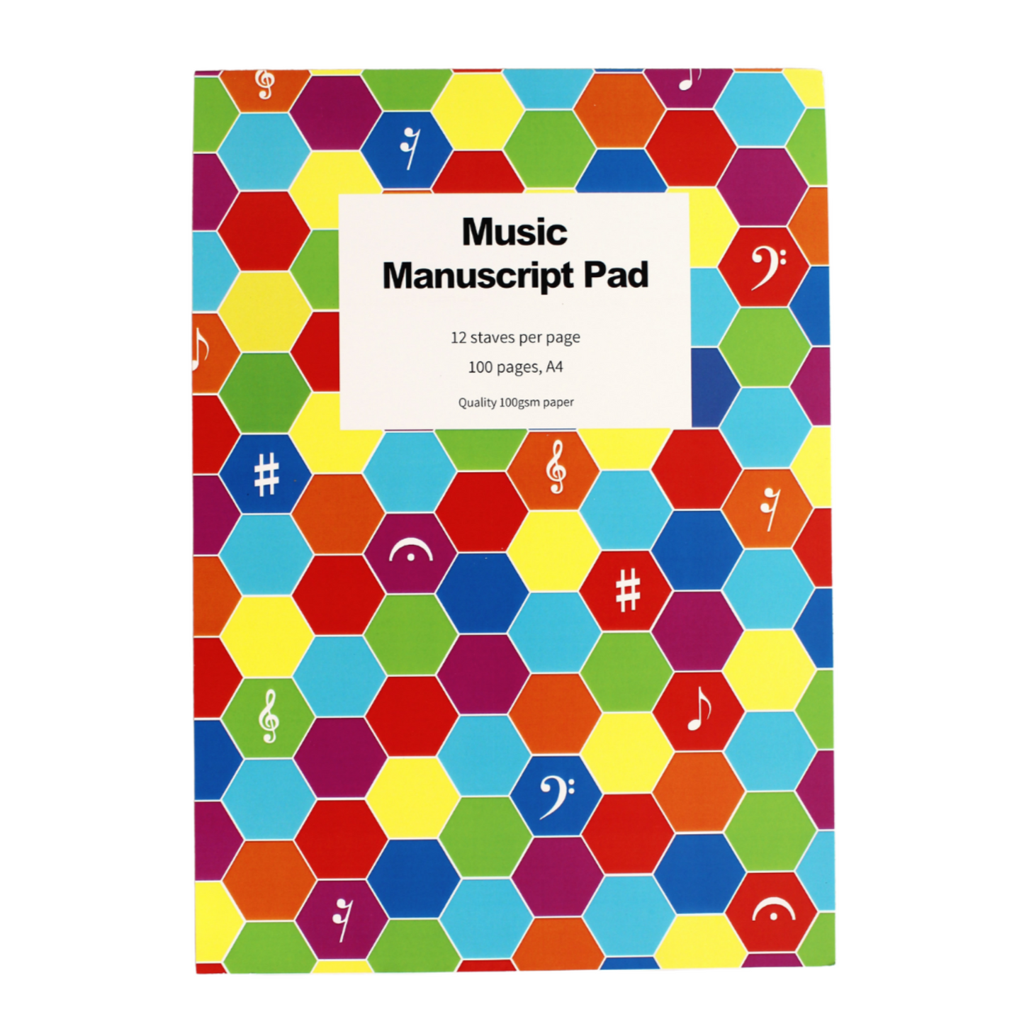 Music manuscript book with a colourful cover, featuring a multicoloured hexagonal design with musical symbols.