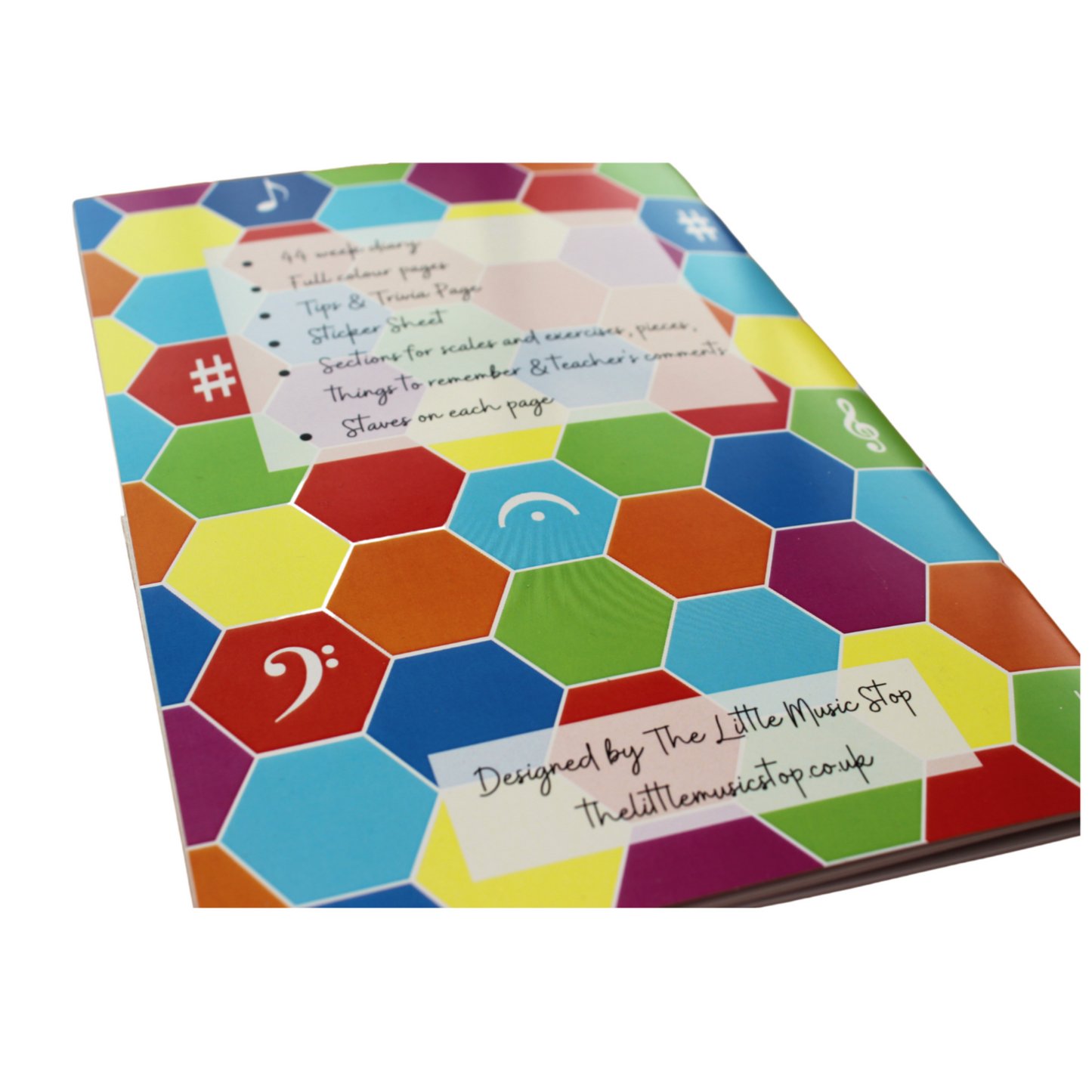 back of practice diary, same hexagonal design