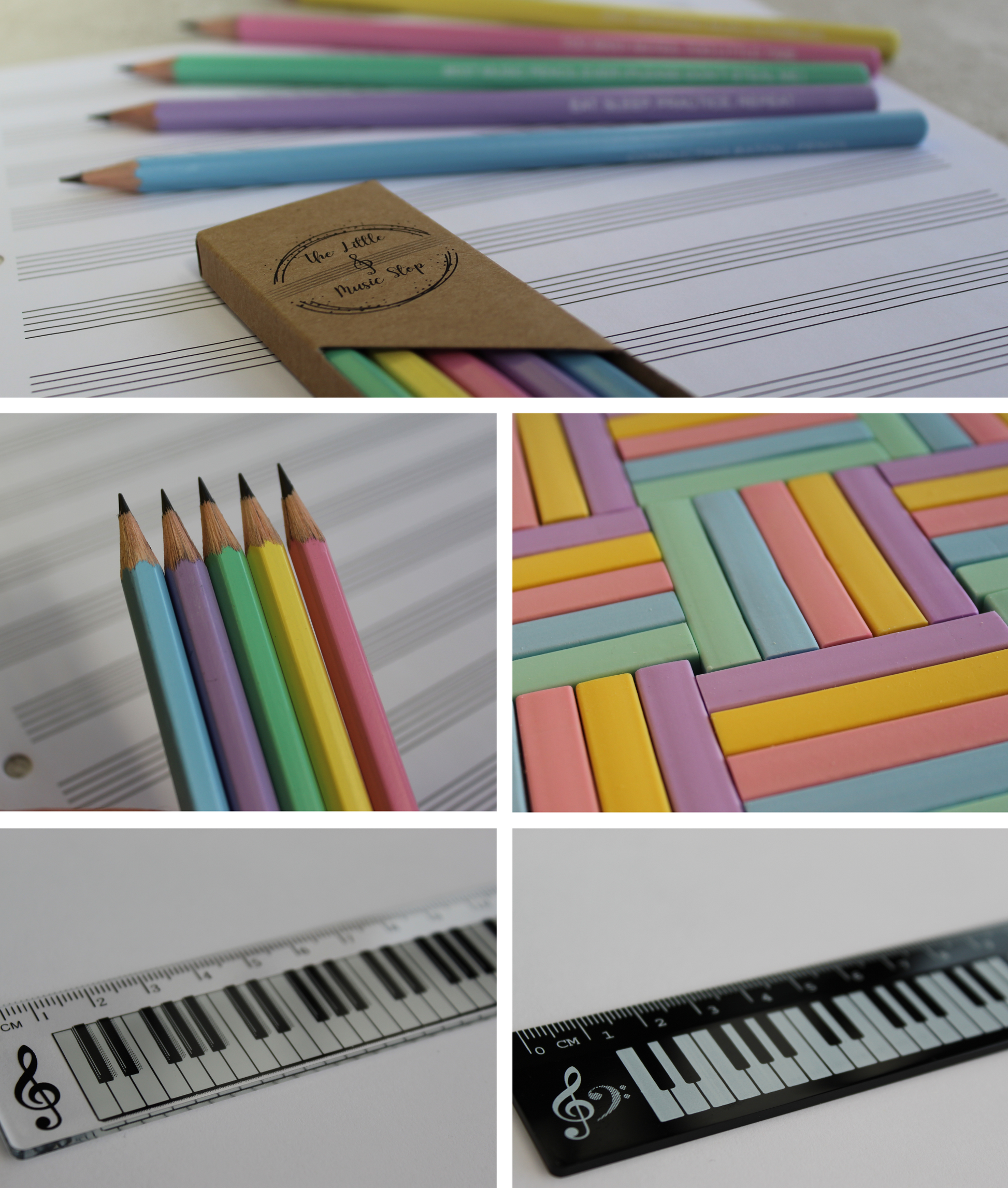 Collage picture of pastel slogan pencils, pastel rubbers in a block design and two rulers in black and clear, both with a piano keyboard design.